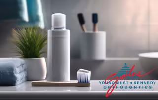 bathroom counter with toothbrush and mouthwash